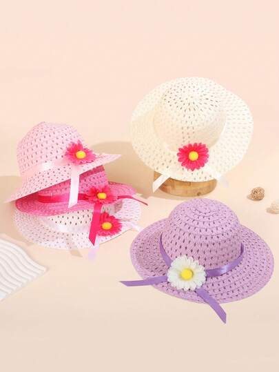 1PC Toddler Girls' Floral Decor Straw Sun Hats, Sun Protection Wide Brim Beach Hats For Summer Vacation & Outdoor Play