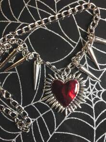 1pc Spiked Heart Shaped Necklace, Red Heart Pendant, Gothic Punk Necklace - Rivet Necklace - View 4