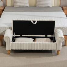 51.5" Storage Bench For Bedroom End Of Bed, Mid-Century Upholstered Ottoman With Storage & Rolled Arms, Corduroy Bedroom Bench Storage Chest Footrest,  Padded Window Seat Shoe Cabinet Stool Furniture For Bedroom, Entryway, Bedroom Essentials Home Decor, White - Vải nhung kẻ trắng - Xem 10