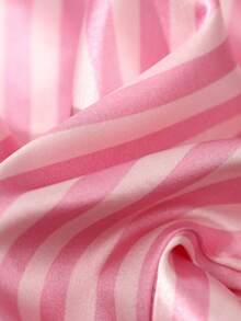 2Pcs Women's Pajama Set Features A Bowknot Embroidery And Striped Print On Satin Fabric, Including A Short-Sleeved Button-Down Shirt And Shorts, Perfect For Casual Loungewear In The Summer. - Watermelon Pink - View 8