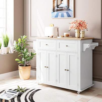 Dragonpad Rolling Kitchen Island With Large Countertop, Kitchen Storage Cart With 2 Drawers & 4 Doors, Kitchen Island , Spice Rack, Wine Storage & Cabinet Space, White And Natural,43.3x17.7x31.5inch
