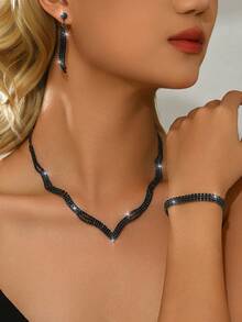 Set de 4 piezas de joyería de novia de moda, aretes con borlas de cristal brillante, collar elegante, pulsera y anillo, adecuado para boda, banquete, baile, fiesta - Juego de 4 piezas de joyería ZT5033 - Ver 9