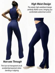 3 PCS Women's Solid Color Bell Bottoms, Elastic Soft Bell Bottoms,  High Waisted Commuting Yoga Pants, Sports Leggings, Casual Sports Pants, Hip Lifting Design Micro Bell Bottoms Women's Sportswear, Suitable For Sports, Leisure, Fitness, Yoga - 3Pcs 3colors (Black + Navy blue + Khaki) - 查看 2
