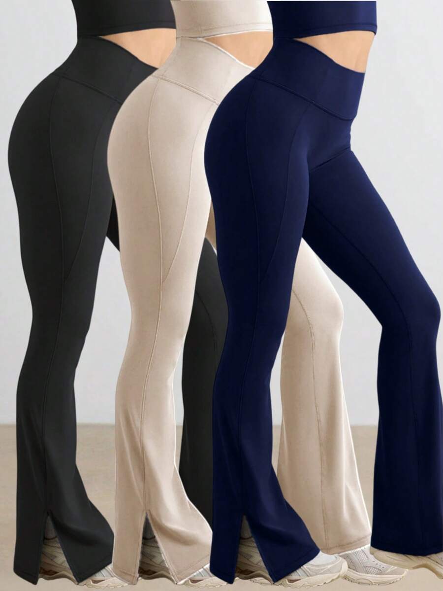 3 PCS Women's Solid Color Bell Bottoms, Elastic Soft Bell Bottoms,  High Waisted Commuting Yoga Pants, Sports Leggings, Casual Sports Pants, Hip Lifting Design Micro Bell Bottoms Women's Sportswear, Suitable For Sports, Leisure, Fitness, Yoga - 3Pcs 3colors (Black + Navy blue + Khaki) - 查看 1