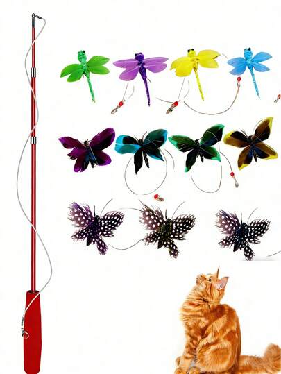 7pcs Replaceable Creative Cat Teaser Wands, Multiple Butterfly & Dragonfly Designs, Extendable, Long Interactive Cat Toys, Suitable For Indoor Use. This Extendable Cat Teaser Wand Has Strong Power, Smooth & Lightweight, Highly Sensitive.