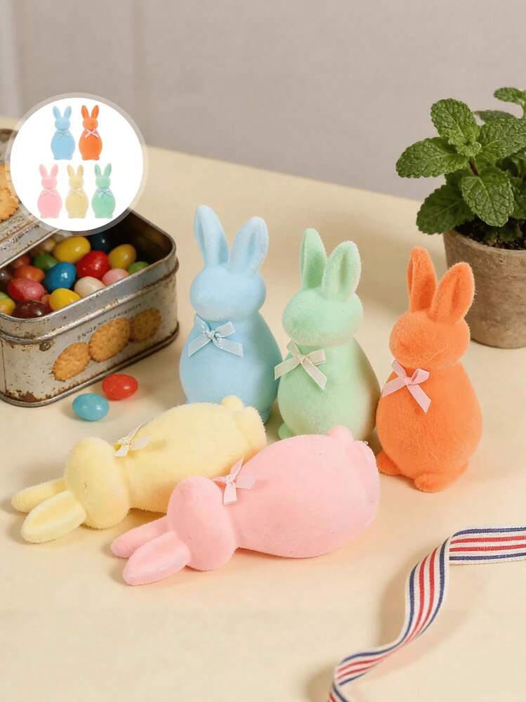 1 tượng thỏ nhồi bông nhiều màu sắc có nơ, đồ trang trí thỏ Phục Sinh, lý tưởng để trang trí bàn ăn mùa xuân và bàn làm việc tại nhà/văn phòng. - Nhiều màu - Xem 3