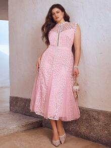 Simplee Plus Size Women's Spring/Summer New Sleeveless Mesh Embroidered Hem Splice Lace Trim Elegant Party Evening Dress, Suitable For Party, Birthday, Wedding Pink - Pink - View 2