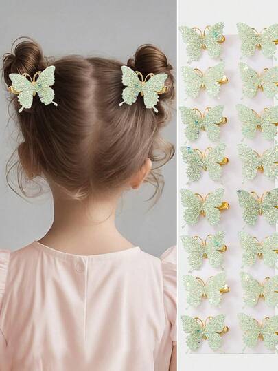 10个绿色闪光蝴蝶金属发夹，精致优雅的女孩发饰，日常百搭