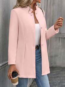 Mid-Length Stand-Up Collar Blazer, Women's Professional Solid Color Coat - Hồng - Xem 3