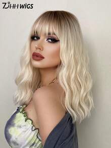 7JHH WIGS 16英寸渐变金色卷发波波头假发，女士齐肩波浪假发，带刘海，棕色发根，合成耐热纤维，美丽蓬松，适合女孩日常、派对、角色扮演、初学者生日礼物（白金色头发） - 漸變金色 - 查看 2