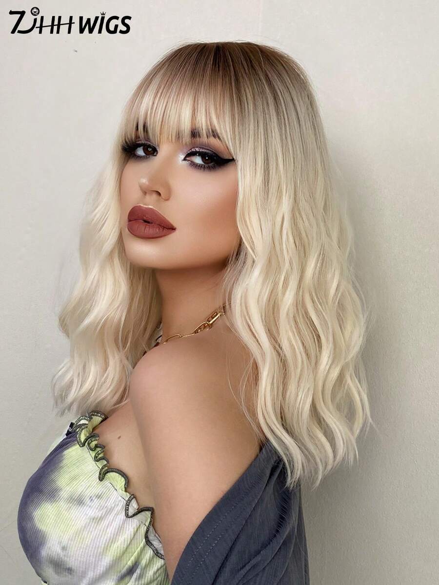 7JHH WIGS 16英寸渐变金色卷发波波头假发，女士齐肩波浪假发，带刘海，棕色发根，合成耐热纤维，美丽蓬松，适合女孩日常、派对、角色扮演、初学者生日礼物（白金色头发）