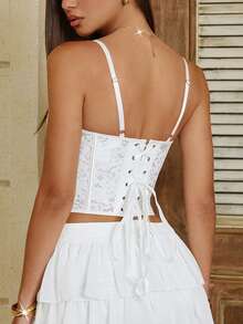 Yueweiniel 优雅性感白色蕾丝撞色腰带露脐上衣，带钢圈胸罩，可调节系带后背，塑身功能，适合约会、音乐节、春夏等场合。 - 白色 - 查看 2
