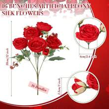 16 Bundles Artificial Peonies Flowers Fake Silk Peony Bouquet Faux Peonies Flowers Bulk For Decoration Vase Floral Arrangements Wedding Party Table (Bright Red) - 鮮紅色 - 查看 3