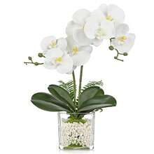 White Orchids Artificial Flowers 16.1\ Faux Orchids Plant In Pot Fake Flower Arrangements With Glass Vases Small White Centerpieces For Kitchen Dining Room Tables Bathroom Nightstand Shel F Desk Decor - 白蘭地&白石 - 查看 1
