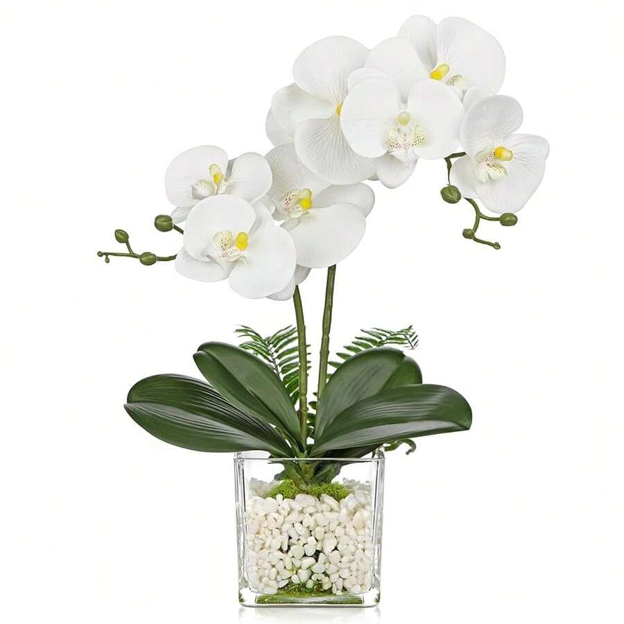 White Orchids Artificial Flowers 16.1\ Faux Orchids Plant In Pot Fake Flower Arrangements With Glass Vases Small White Centerpieces For Kitchen Dining Room Tables Bathroom Nightstand Shel F Desk Decor - 白蘭地&白石 - 查看 1
