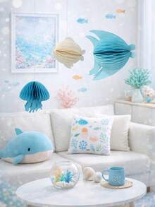 1件/3件装纸质海洋主题挂饰，蜂窝鱼和水母图案，适用于儿童房、托儿所、客厅装饰、生日派对用品、教室装饰、海洋主题 - 彩色 - 查看 4