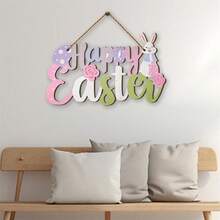 2D Flat, 1pc Easter Bunny Wooden Door Hanger - Colorful "Happy Easter" Decor With Rabbit & Floral Patterns, Traditional Faux Wood Ornament, No Power Needed Spring Festival Home Decor, Holiday Wall Hanging With Rope - Multicolor - View 4