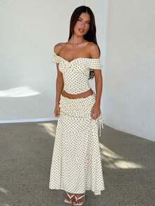 Women's Sexy Shoulder-Sleeved Plunging Top And Stylish Polka-Dot Side-Belted Bow Long Skirt Two-Piece Set, For Ladies' Casual Vacation Wear - Màu be - Xem 4