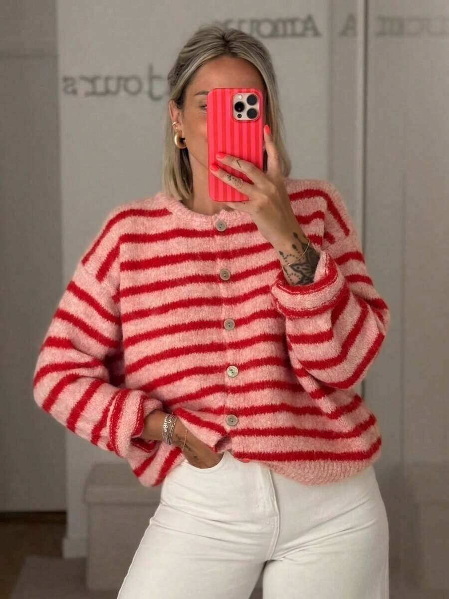 Women's Retro Striped Cardigan, Casual Daily Wear, Suitable For Spring/Autumn/Winter, Ideal For Valentine's Day Outfit - 紅色 - 查看 1