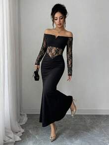 Elegant Women's Long Off The Shoulder Bodycon Maxi Dress Black Knitted Fabric Lace Ruched Party Style - Black - View 4