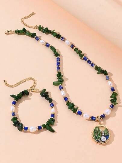 2Pcs Dark Green Natural Stone Freshwater Pearl Copper Pendant Necklace Bracelet Set, Suitable For Birthday Party Gifts, Jewelry Sets, And Gifts For Family And Friends