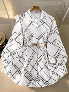 PARARAL 大码女装春季时尚日常通勤金银丝线面料金属腰带灯笼袖中长款衬衫，适合女性春季办公室穿着、约会装、婚礼宾客装、夏季休闲装 白色 - 白色 - 查看 2