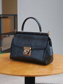 2026新款奢华女士手提包，多功能蛇纹质感托特包，配以精致锁扣设计，时尚单肩/斜挎包，带双面内袋 - 黑色 - 查看 6