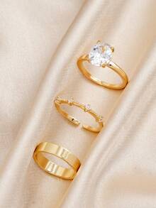 3pcs Elegant Cubic Zirconia Inlaid Ring Set, Jewelry Accessories Suitable For Women To Wear At Weddings, Parties And Gatherings, Holiday Gift - Gold - View 3