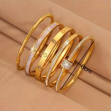 5pcs/Set Personalized Gold Stainless Steel Bangle Bracelet Set, Unique Design, Fashionable Multi-Element, Exquisite Ideal Gift, Anti-Fading Jewelry - CL-5654 - View 5