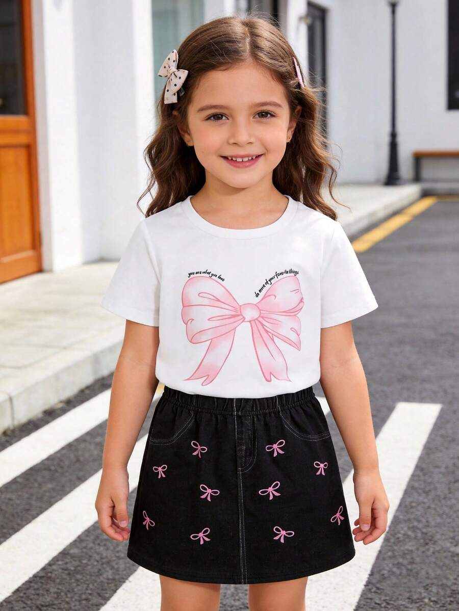 两件套少女休闲校园风多巴胺套装，可爱蝴蝶结字母印花圆领短袖白色T恤搭配蝴蝶结印花黑色迷你裙，春夏款 - 彩色 - 查看 1