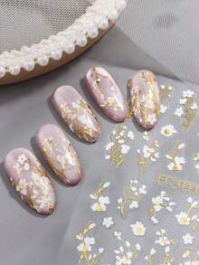春夏白色雏菊美甲贴纸，法式风格，白色花瓣，金色线条，闪粉自粘塑料美甲贴花，半哑光，一次性使用，不规则形状，适用于玻璃表面装饰美甲用品 - 彩色 - 查看 3