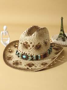 1pc Unisex Turquoise Decor Dyeing Printed Ridge Hollow Out Wide Brim Boho Hand Woven Travel Shade Breathable Adjustable Chin Strap Cowgirl Hat Windproof Rope Casual Travel Shade Handmade Beach Hat Cowboy Hat Sun Hat Straw Hat - Beige - View 3