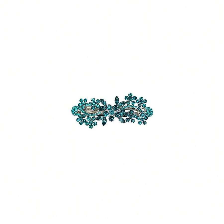 Gorgeous Teal Rhinestone Crystal Flower Hair Barrette Clip - MalibuBlue - Xem 1