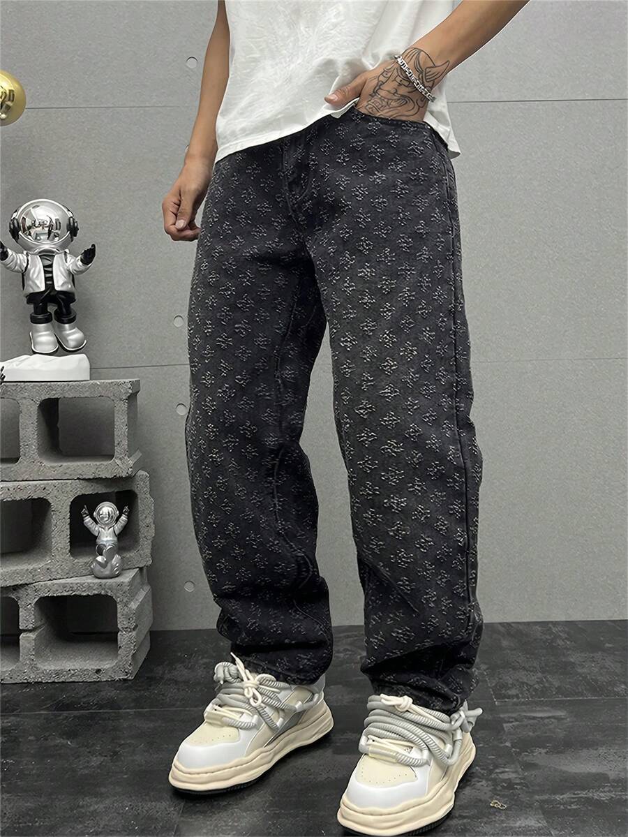 Plus Size Men's Personalized Crochet Denim Jeans - Black - View 1