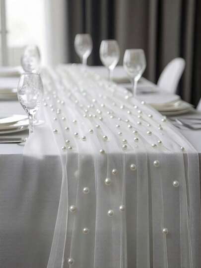 1pc 29"X118" Pearl Lace Table Runner, Romantic Pearl Tulle Table Runner, Suitable For Dining Table Decor, Soft & Comfortable Polyester Pearl Tulle, Applicable For Bridal Shower, Birthday Party, Wedding Arch, Dessert Table Decoration