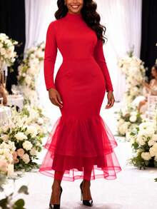 Vestido de sirena elegante rojo de malla con capas para mujer, de cuello alto, manga larga y estilo ajustado, adecuado para invitados de boda y el Día de San Valentín - Rojo - Ver 10