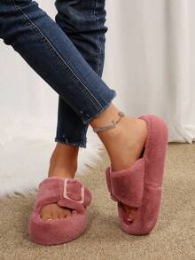 Women's Fluffy Platform Slippers – Cute Fuzzy Slides With Buckle Accent For Home & Casual Wear, Warm & Cozy Shoes - Màu Hoa hồng đỏ - Xem 6