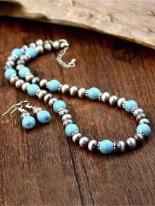 Conjunto de joyería vintage de color plata antiguo con collar de turquesa retro, aretes estilo país occidental y cuentas - Multicolor - Ver 7