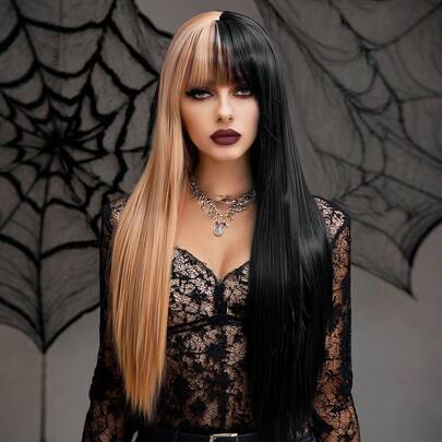 女士合成假发，长直层次感刘海，耐热透气，非常适合派对和万圣节（24英寸），高温纤维，浓密饱满，适合任何脸型和各种风格，魅力性感又可爱。