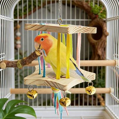 1PC Star-Shaped Wooden Hanging Parrot Interactive Toy With Ribbons And Bells, Colorful Bird Swing Bird Entertainment And Relaxation Toy Bird Stand Bird Perch Birdcage Accessories Suitable For Birds In All Seasons