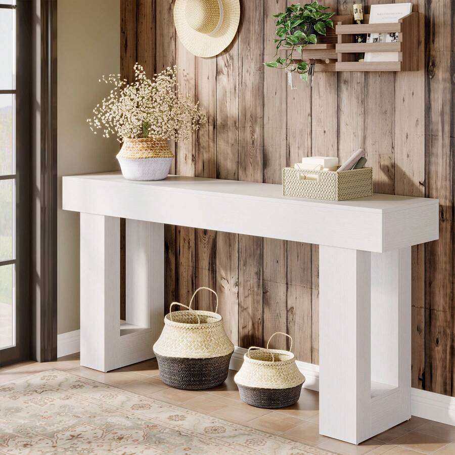 LITTLE TREE Farmhouse Console Table, 63-Inch Long Wooden Sofa Table Behind The Couch, Narrow Entryway Table For Entrance, Hallway, Living Room, White - White - View 1