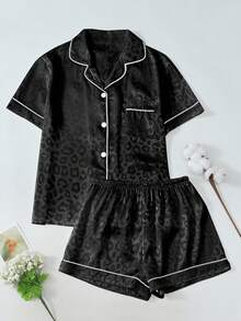 2 piezas Conjunto de pijama de mujer con estampado de leopardo, camisa de manga corta con botones y pantalones cortos - Negro - Ver 1