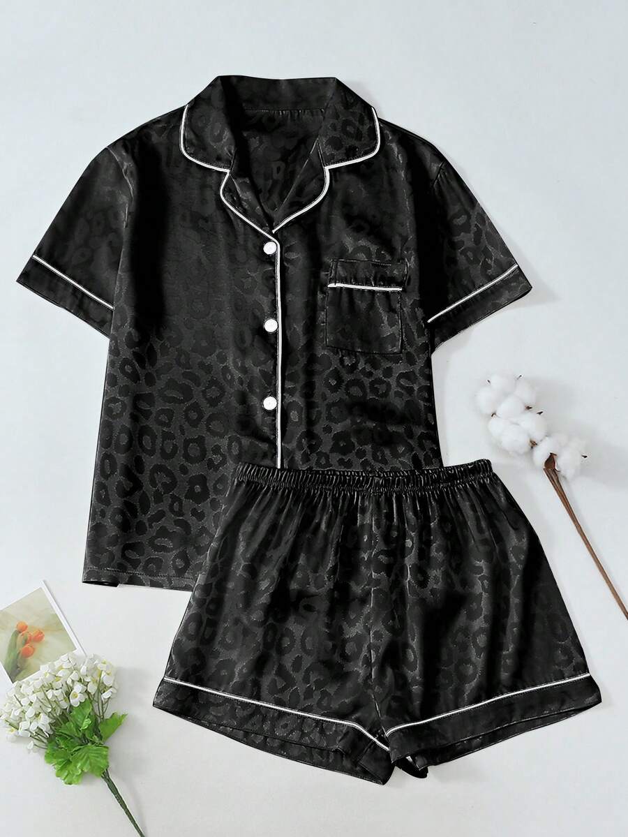 2 piezas Conjunto de pijama de mujer con estampado de leopardo, camisa de manga corta con botones y pantalones cortos - Negro - Ver 1