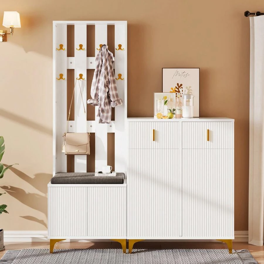 Wardrobe Set With Shoe Stool And Cushions. Front Coat Rack With Hooks. Shoe Cabinet With Drawers And Doors, Black And White. - trắng - Xem 1