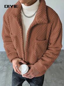 1pc Men's Single Pocket Casual Fleece Jacket, Grey Autumn/Winter Outerwear, Loose Comfortable Fabric Casual Home Jacket - Brown - View 2