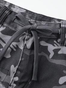 Women Denim Cargo Capris With Multiple Pockets Adjustable Drawstring Camouflage Pattern Cropped Pants - Grey - View 4