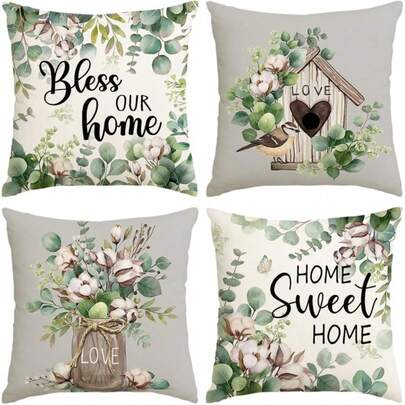 ファームハウス調 クッションカバー 4枚組 "Bless Our Home" ユーカリの葉とバードパターン、ホームデコレーション、片面、クッション中材は別売り