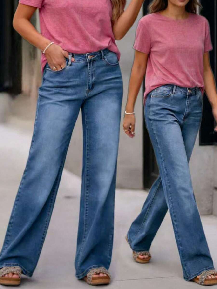 Women's Casual Simple Straight Leg Jeans, Elastic Denim Fabric, 54% Cotton, Suitable For Spring Vacation, Street Fashion, Spring & Summer Outfits, New Year, Valentine's Day Matching - Blue - View 1