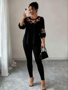 Plus-Size Women's Embroidered Multi-Functional Casual Top, Spring/Summer Shirt - 黑色 - 查看 1