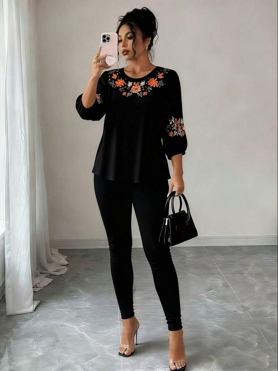 Plus-Size Women's Embroidered Multi-Functional Casual Top, Spring/Summer Shirt - 黑色 - 查看 1